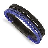 Chisel Stainless Steel Polished Black IP-plated Multi Strand Lapis Beaded Black and Blue Leather 8 inch Bracelet with .5 inch Extension