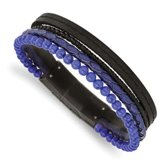 Chisel Stainless Steel Polished Black IP-plated Multi Strand Lapis Beaded Black and Blue Leather 8 inch Bracelet with .5 inch Extension