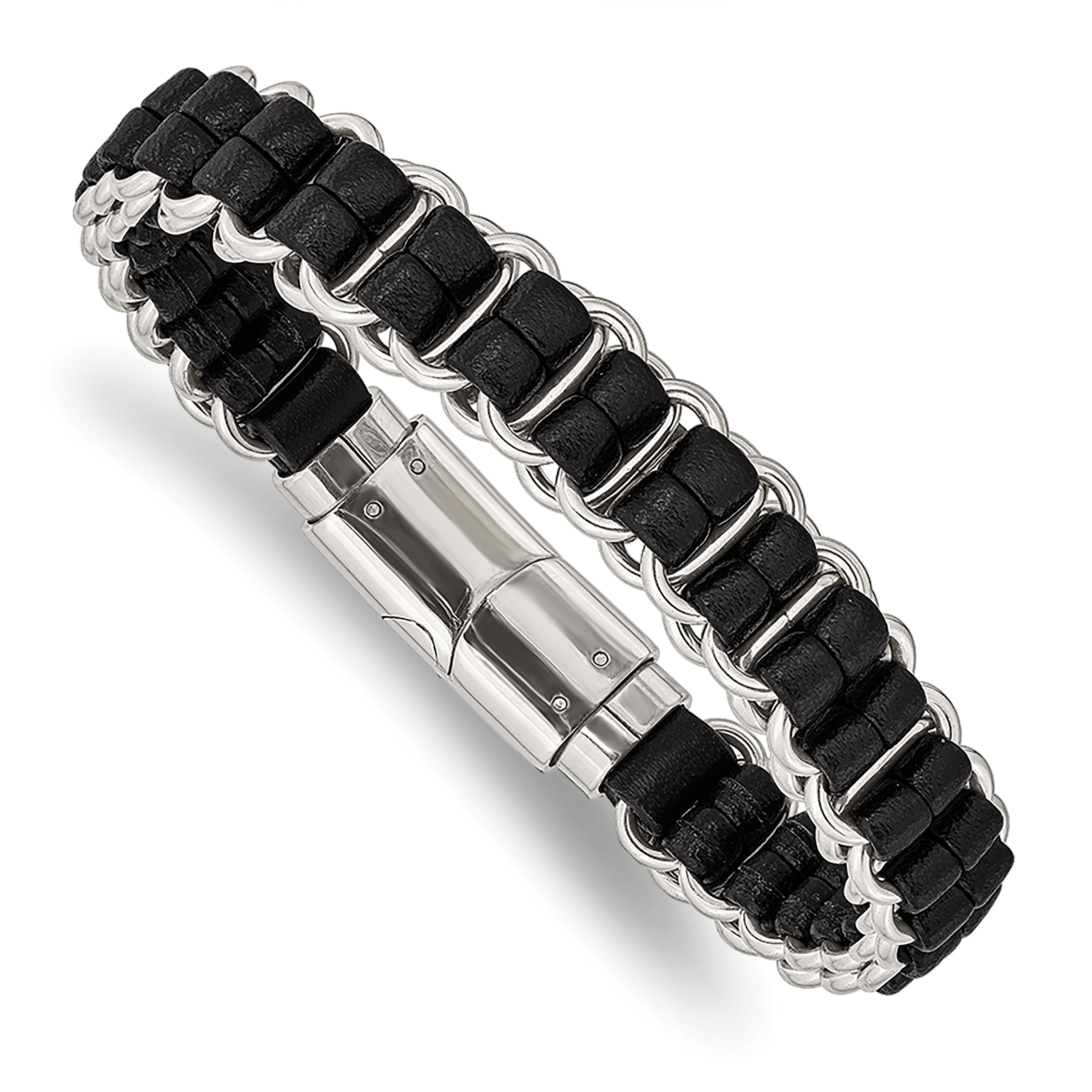 Chisel Stainless Steel Polished Black Leather 8.5 inch Bracelet