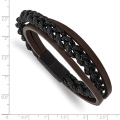 Chisel Stainless Steel Brushed Black IP-plated Multi Strand Black and Brown Leather 8.25 inch Bracelet