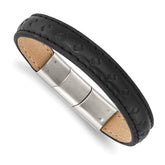 Stainless Steel Polished Black Leather 7.75in w/.5in ext Bracelet