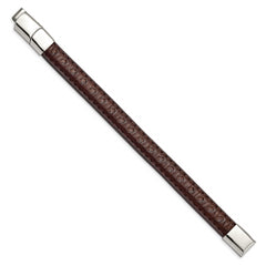 Stainless Steel Polished Brown Leather 7.75in w/.5in ext Bracelet