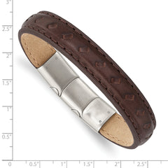 Stainless Steel Polished Brown Leather 7.75in w/.5in ext Bracelet