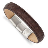 Stainless Steel Polished Brown Leather 7.75in w/.5in ext Bracelet