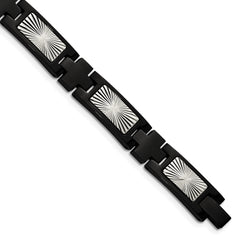 Chisel Stainless Steel Polished and Textured Starburst Design Black IP-plated 8.5 inch Link Bracelet