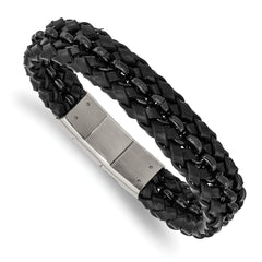 Chisel Stainless Steel Polished Black IP-plated Black Braided Leather 8 inch Bracelet with .5 inch Extension