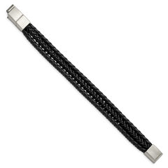 Chisel Stainless Steel Brushed and Polished Black IP-plated Multi Strand Black Leather 8 inch Bracelet with .5 inch Extension