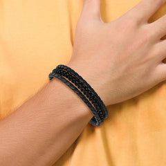 Chisel Stainless Steel Brushed and Polished Black IP-plated Multi Strand Black Leather 8 inch Bracelet with .5 inch Extension