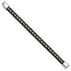 Chisel Stainless Steel Polished Flower Link Black Leather 8.25 inch Bracelet