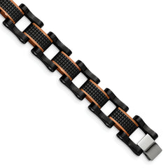 Chisel Stainless Steel Polished and Textured Black and Brown IP-plated 8.25 inch Open Link Bracelet