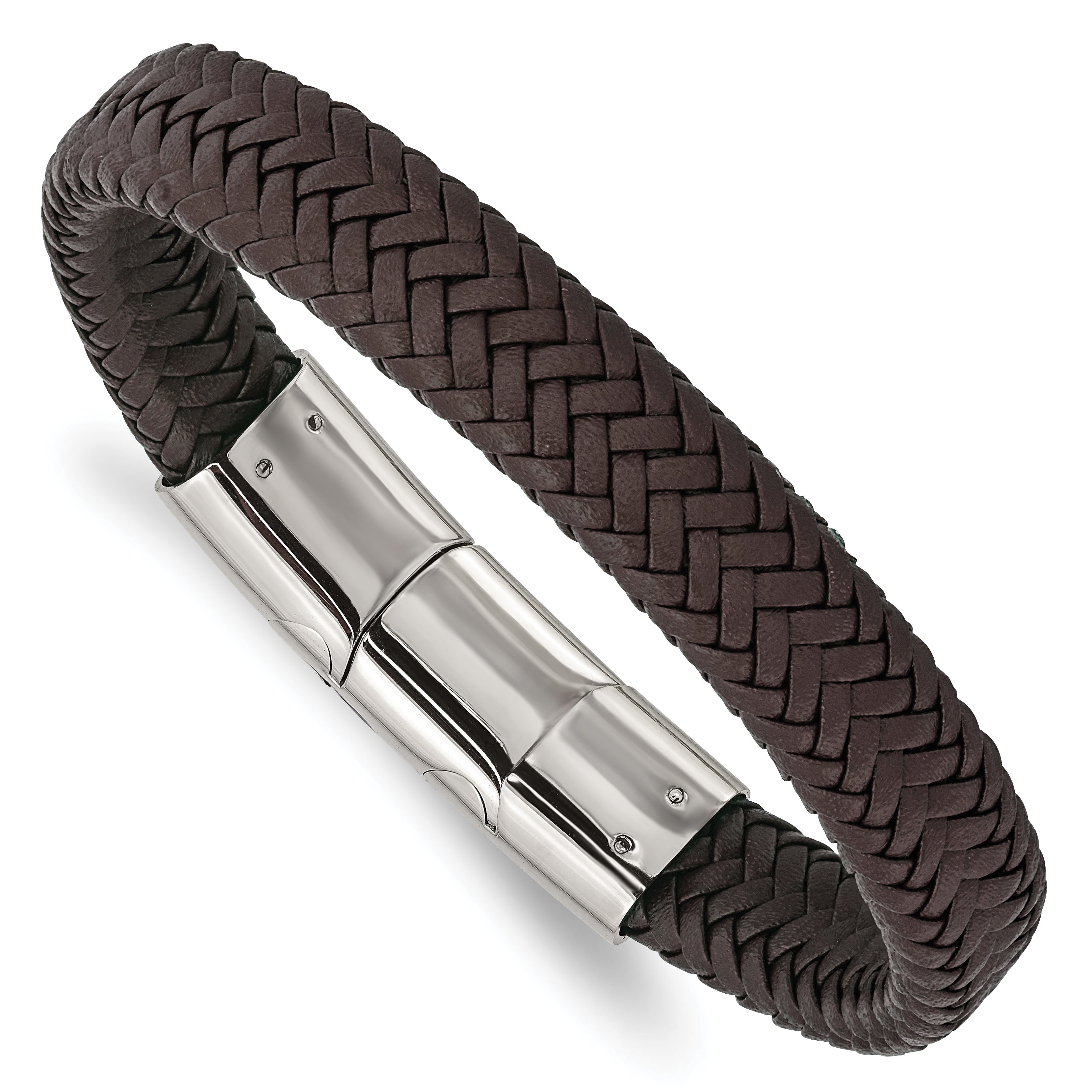 Chisel Stainless Steel Polished Dark Brown Braided Leather 8 inch Bracelet with .5 inch Extension