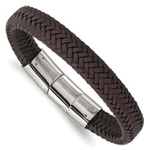 Chisel Stainless Steel Polished Dark Brown Braided Leather 8 inch Bracelet with .5 inch Extension