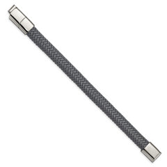 Chisel Stainless Steel Polished Grey Braided Leather 8 inch Bracelet with .5 inch Extension