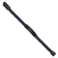 Chisel Stainless Steel Polished Black IP-plated Navy Blue Braided Leather 8 inch Bracelet with .5 inch Extension