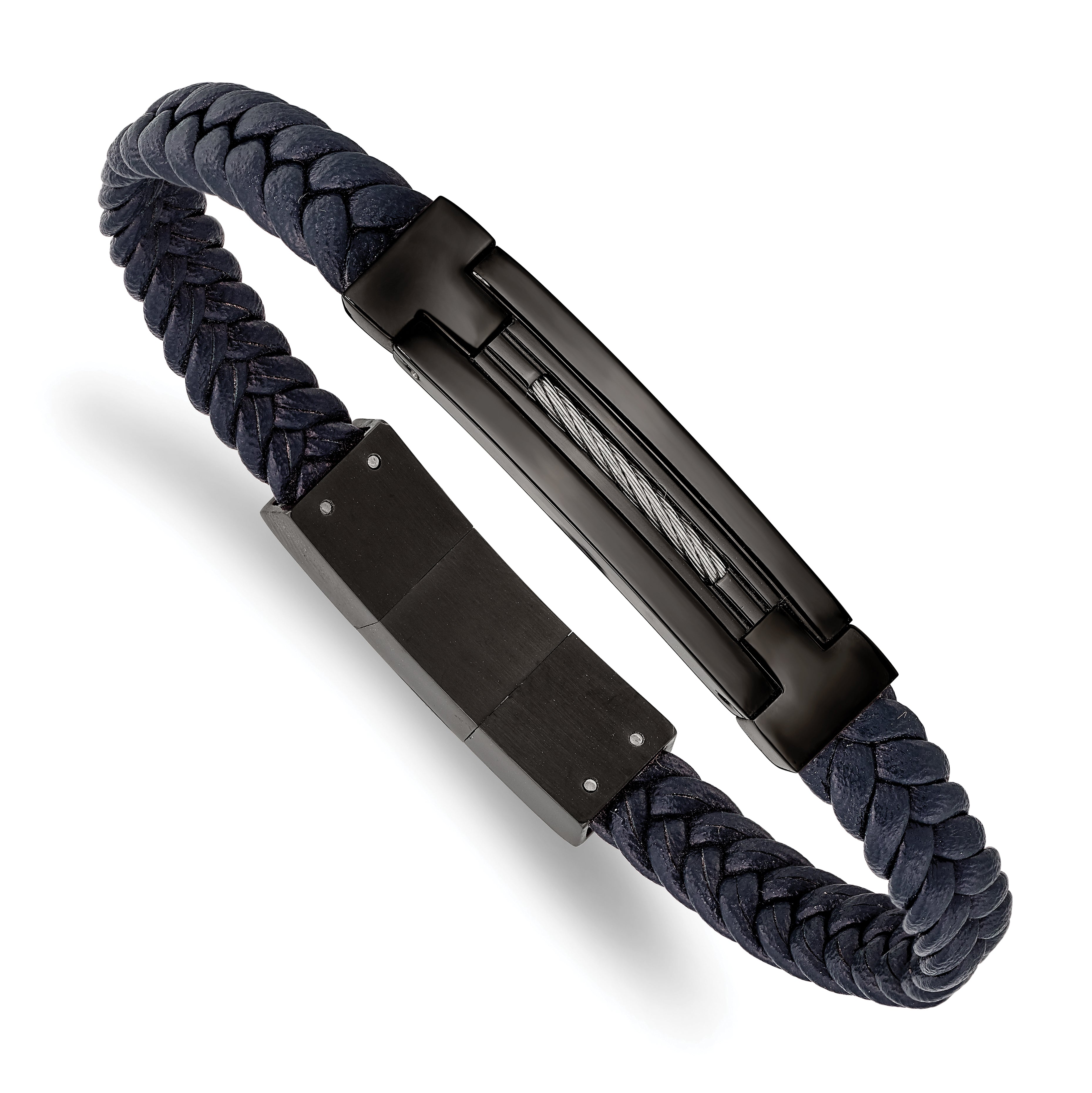 Chisel Stainless Steel Polished Black IP-plated Navy Blue Braided Leather 8 inch Bracelet with .5 inch Extension