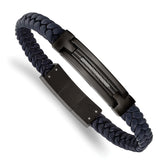 Chisel Stainless Steel Polished Black IP-plated Navy Blue Braided Leather 8 inch Bracelet with .5 inch Extension