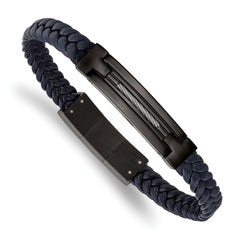 Chisel Stainless Steel Polished Black IP-plated Navy Blue Braided Leather 8 inch Bracelet with .5 inch Extension
