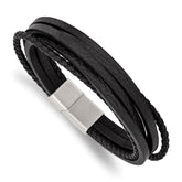 Chisel Stainless Steel Brushed Multi Strand Black Leather 8 inch Bracelet