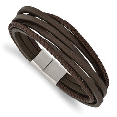 Chisel Stainless Steel Brushed Multi Strand Brown Leather 8 inch Bracelet
