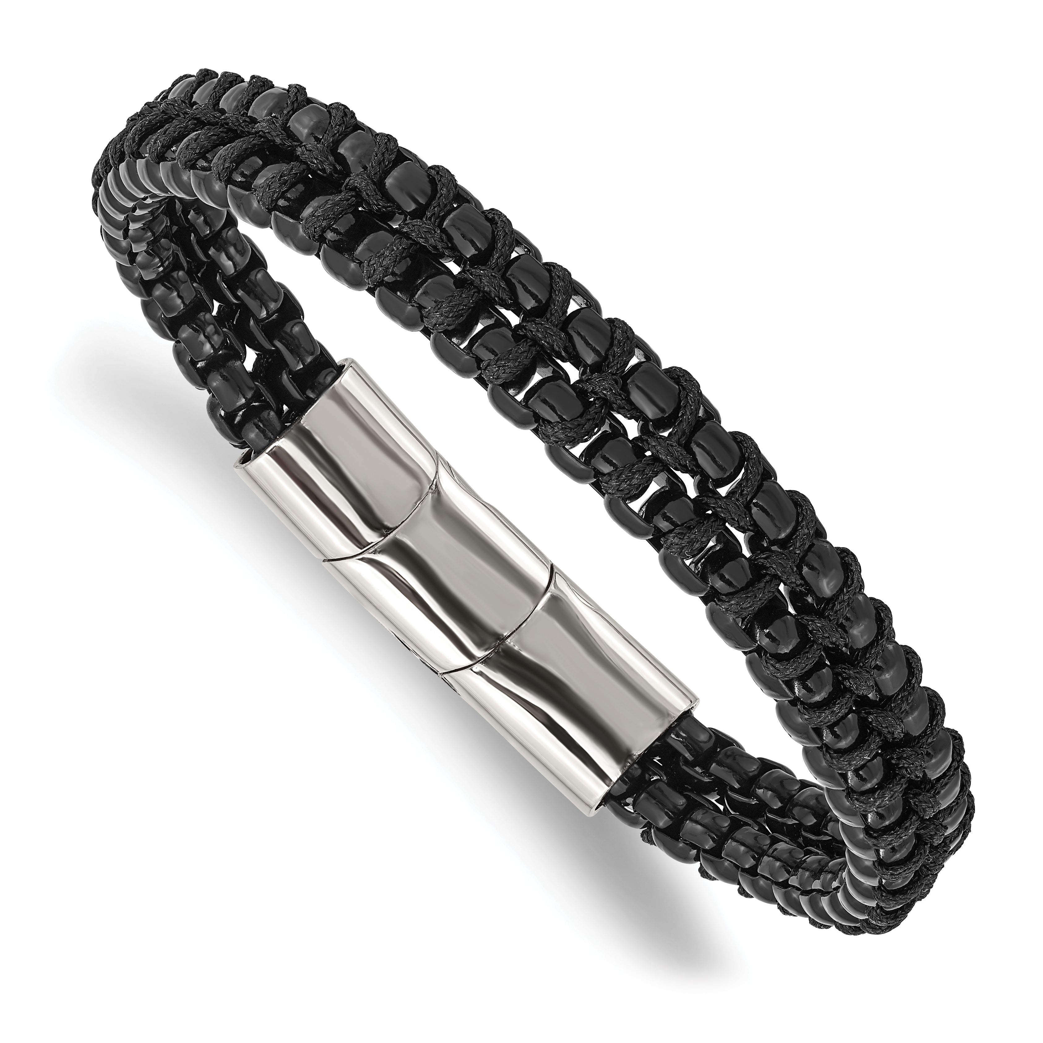 Chisel Stainless Steel Polished Black IP-plated with Black Cotton 8.5 inch Bracelet with .5 inch Extension