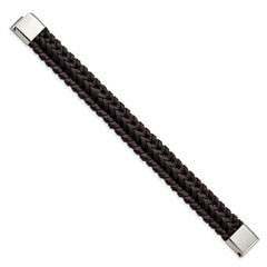 Chisel Stainless Steel Polished Brown Braided Leather 8.5 inch Bracelet