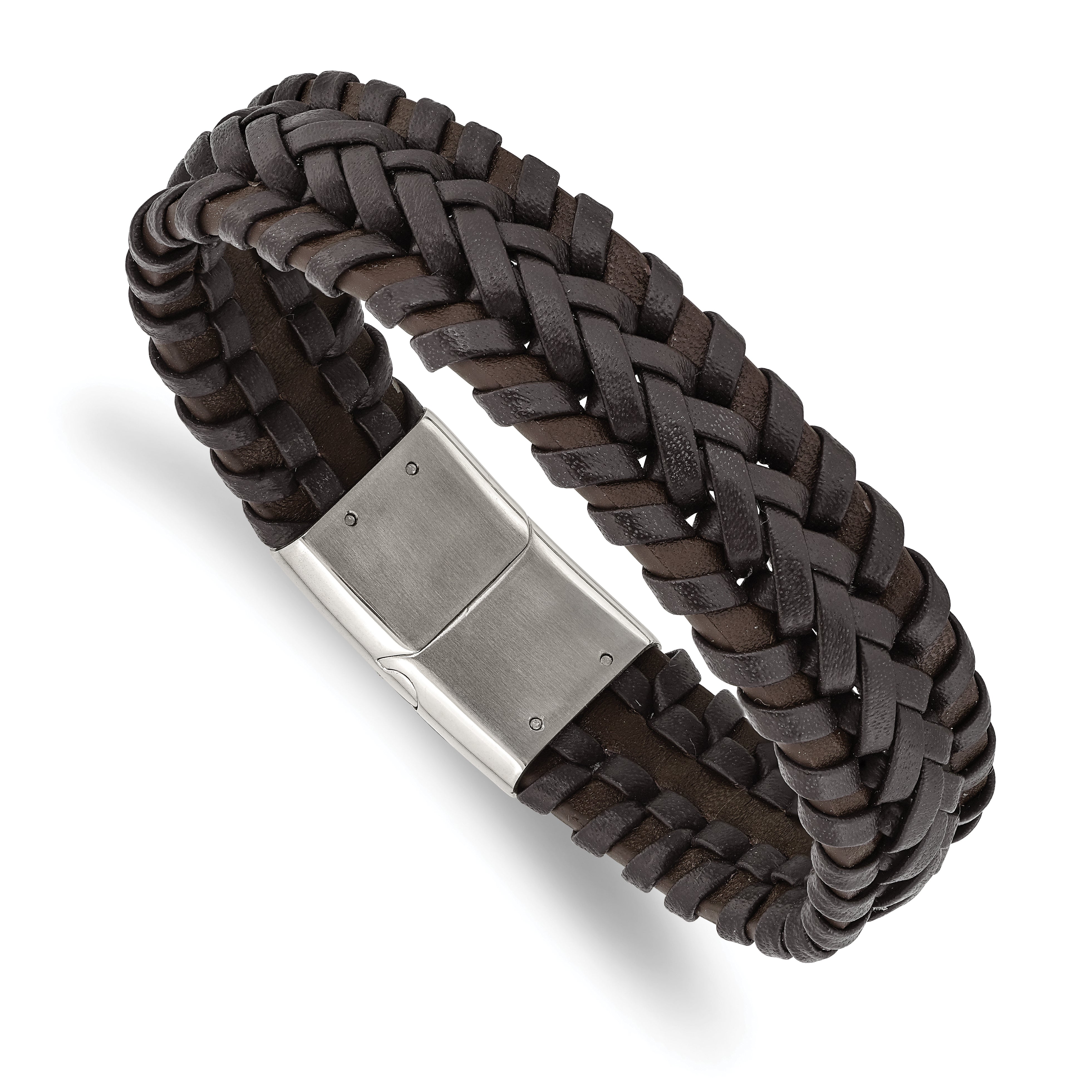 Chisel Stainless Steel Polished Brown Braided Leather 8.5 inch Bracelet