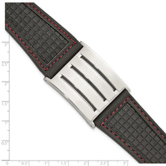 Stainless Steel Black Leather w/ Red Trim Polished Buckle Bracelet
