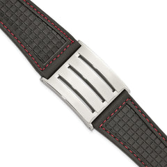 Stainless Steel Black Leather w/ Red Trim Polished Buckle Bracelet