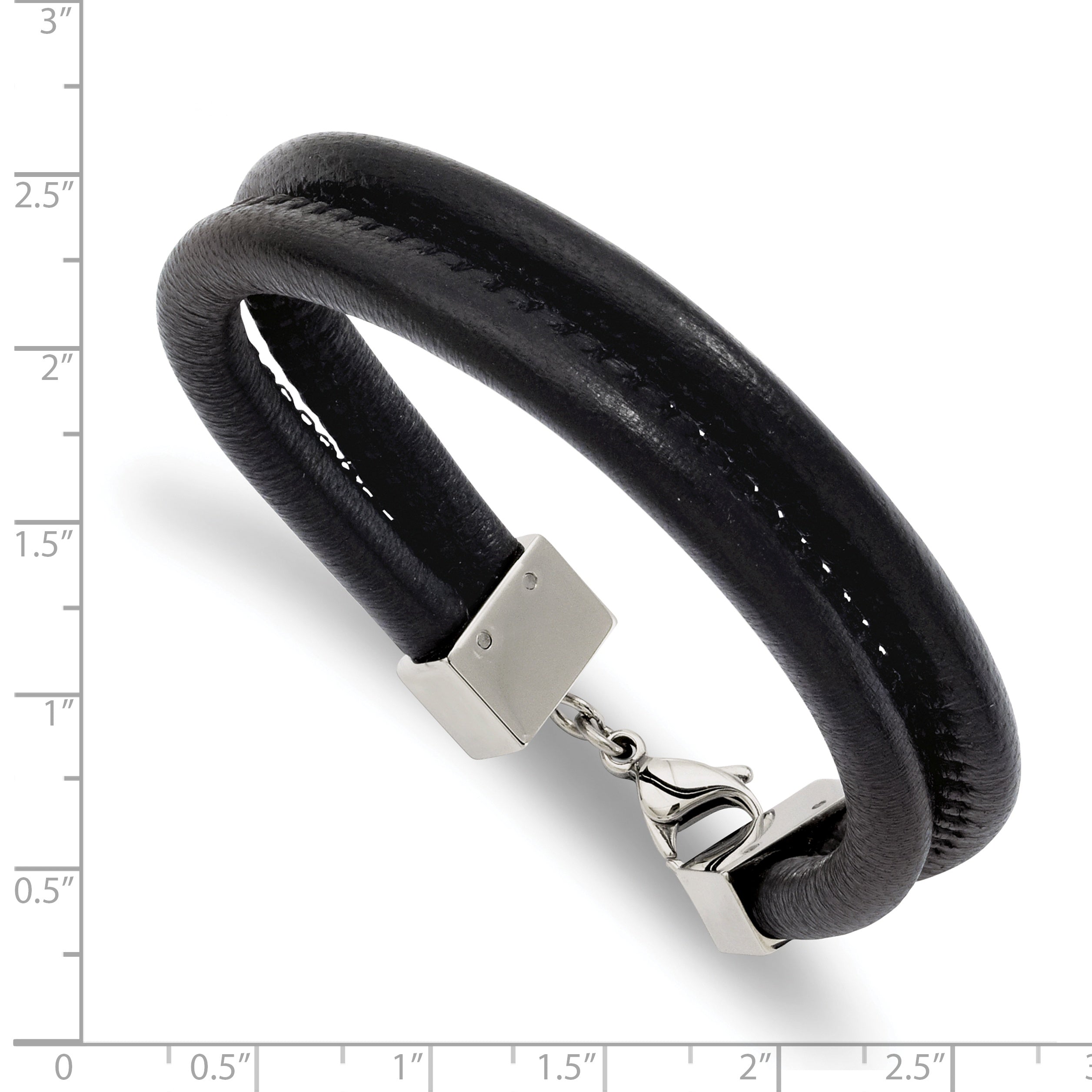 Stainless Steel Polished Black Leather Double Row 8.5in Bracelet