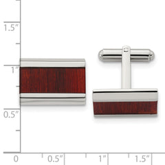 Stainless Steel & Red Koa Wood Inlay Men’s Polished Cufflinks Elegant, Gift Ready
