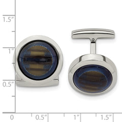 Stainless Steel Polished Cat's Eye Cufflinks with Blue and Brown Stones Gift Ready