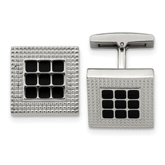 Stainless Steel Polished and Textured Black Rubber Square Cufflinks