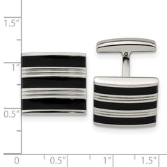 Stainless Steel Grooved Cufflinks with Polished Finish and Black Rubber Stripes