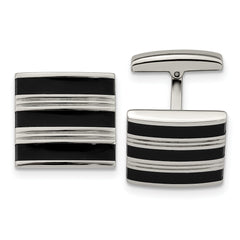 Chisel Stainless Steel Polished Grooved Black Rubber Stripes Cufflinks