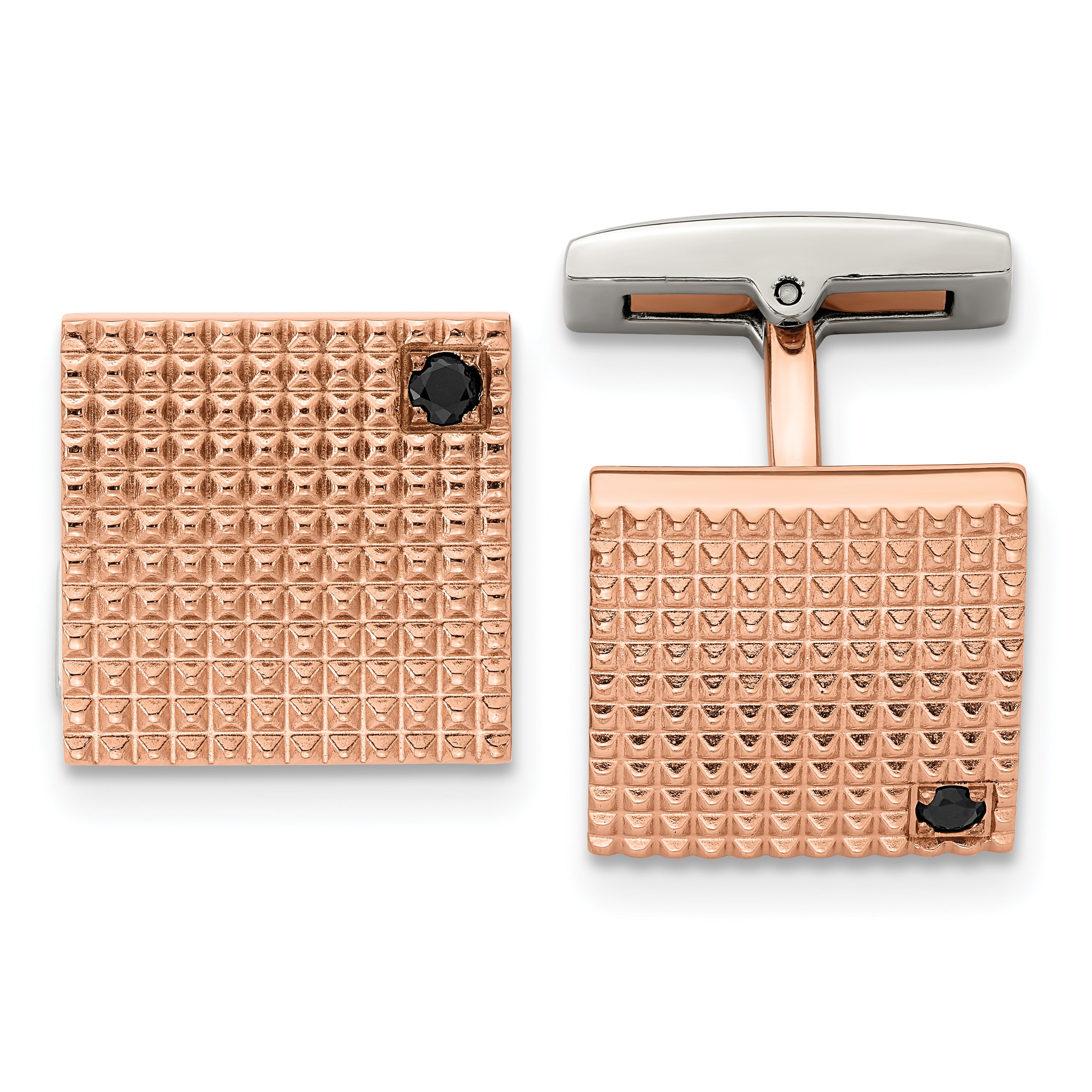 Chisel Stainless Steel Polished Textured Rose IP-plated Black CZ Cufflinks