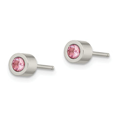 Stainless Steel Pink CZ Birthstone Stud Earrings with Polished Finish