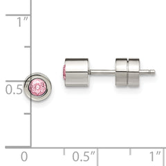 Stainless Steel Pink CZ Birthstone Stud Earrings with Polished Finish