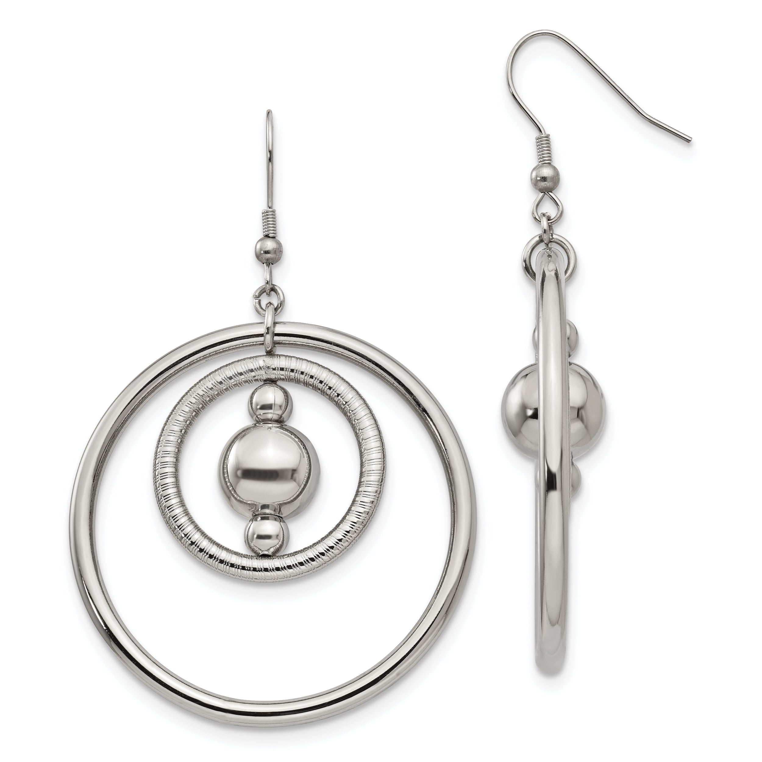Stainless Steel Polished and Textured Geometric Circle Dangle Earrings