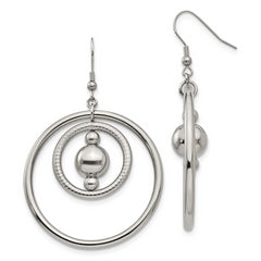 Stainless Steel Polished and Textured Geometric Circle Dangle Earrings