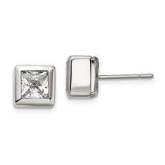 Chisel Stainless Steel Polished Square CZ Post Earrings