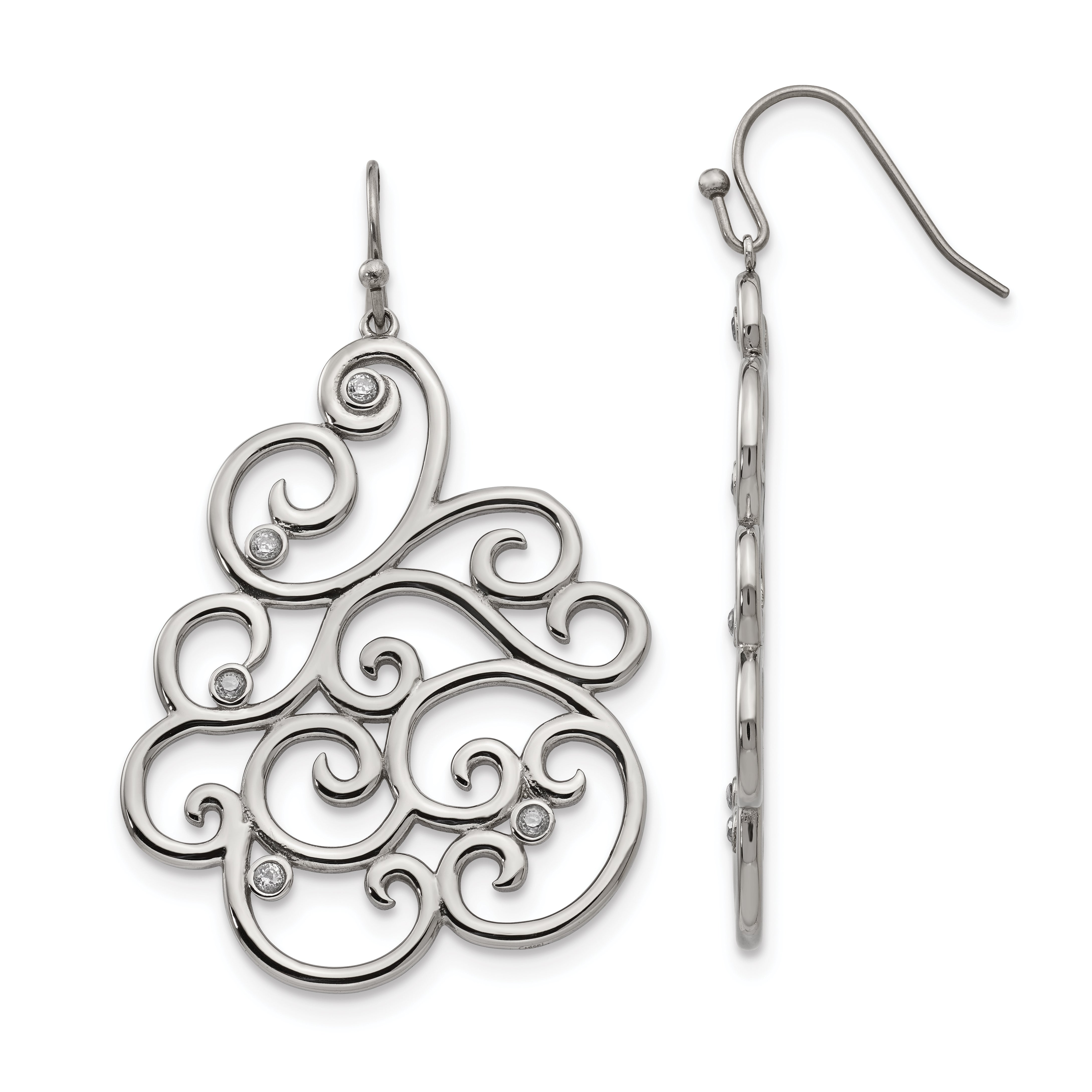 Chisel Stainless Steel Polished Filigree CZ Dangle Shepherd Hook Earrings