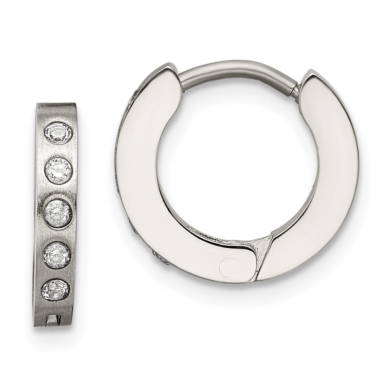 Chisel Stainless Steel Brushed and Polished with CZ 2mm Hinged Hoop Earrings