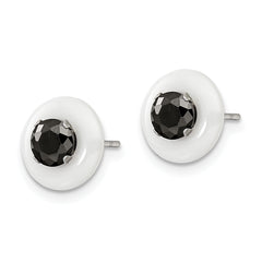 Chisel Stainless Steel Polished White Ceramic with Black CZ Post Earrings