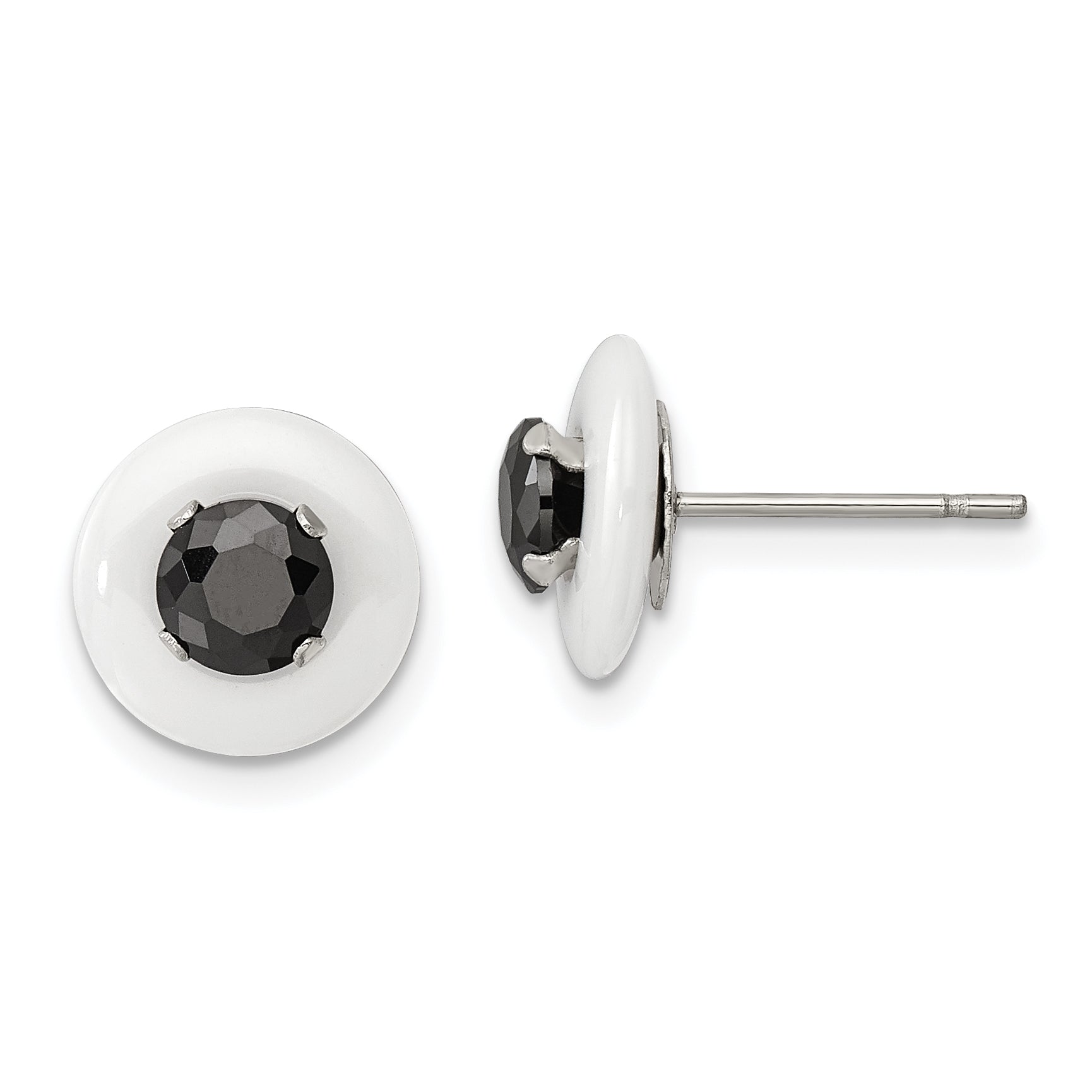 Chisel Stainless Steel Polished White Ceramic with Black CZ Post Earrings