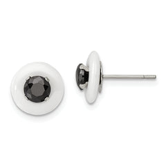 Chisel Stainless Steel Polished White Ceramic with Black CZ Post Earrings