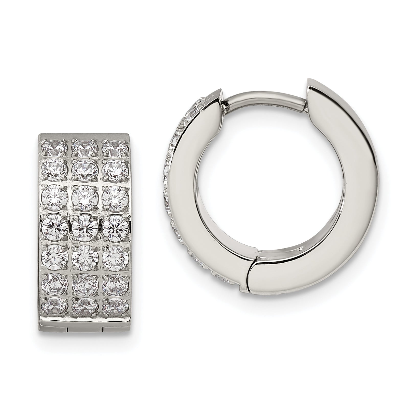 Chisel Stainless Steel Polished with 3 Rows of CZ 2.4mm Hinged Hoop Earrings