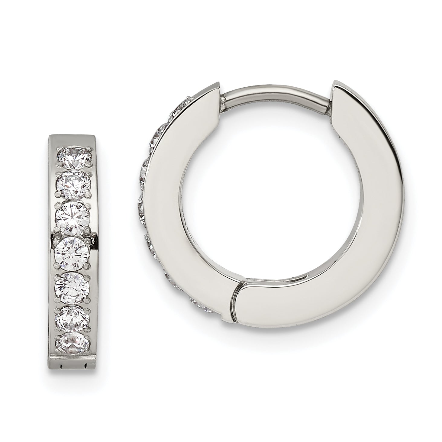 Chisel Stainless Steel Polished with 1 Row of CZ 2.3mm Hinged Hoop Earrings