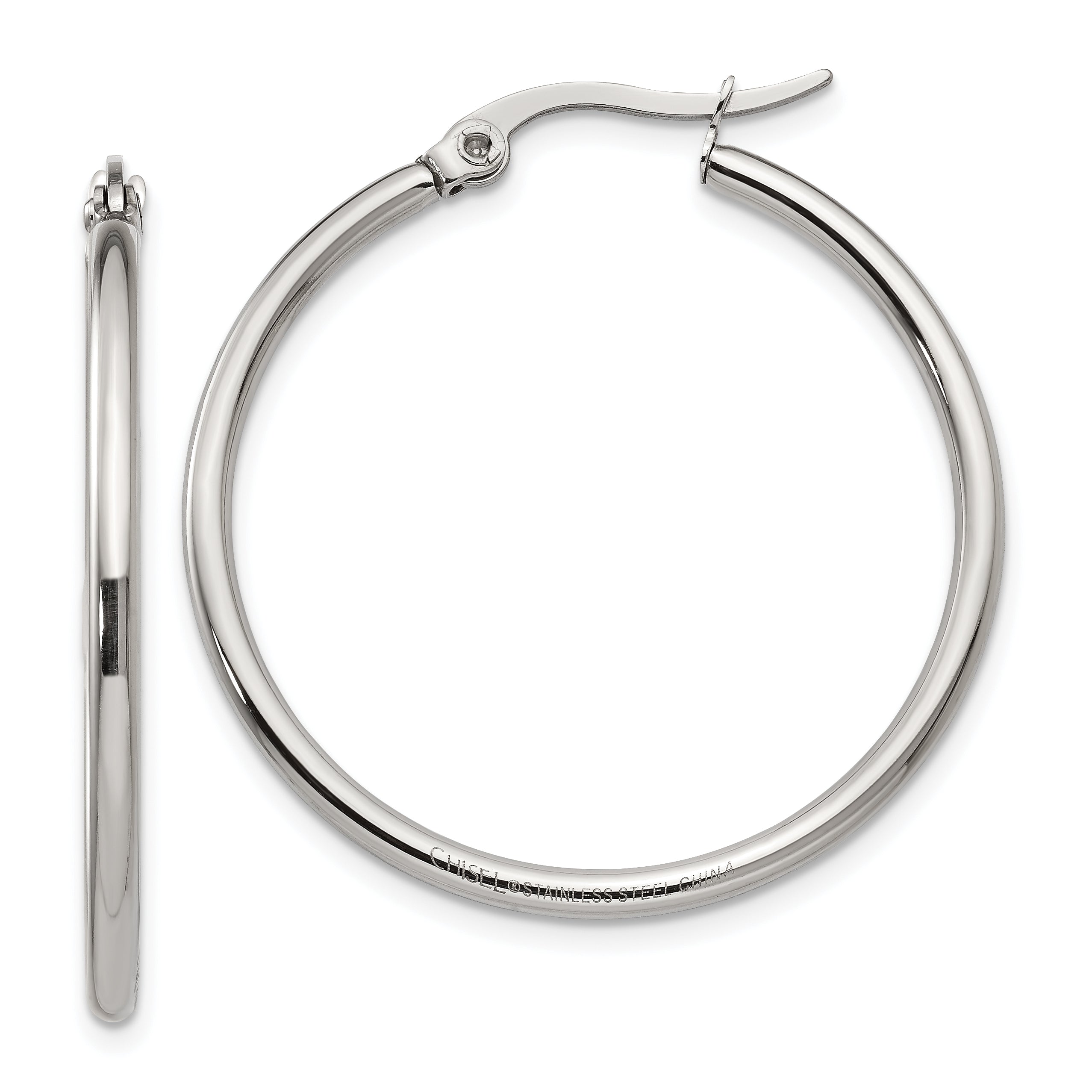 Chisel Stainless Steel Polished 32.5mm Diameter 2mm Hoop Earrings