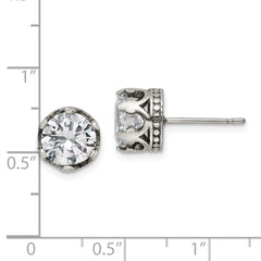Chisel Stainless Steel Antiqued and Polished CZ Crown Post Earrings
