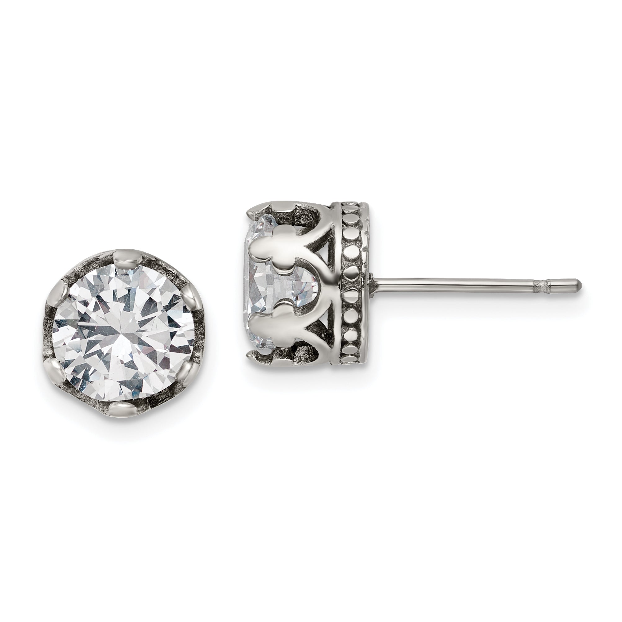 Chisel Stainless Steel Antiqued and Polished CZ Crown Post Earrings